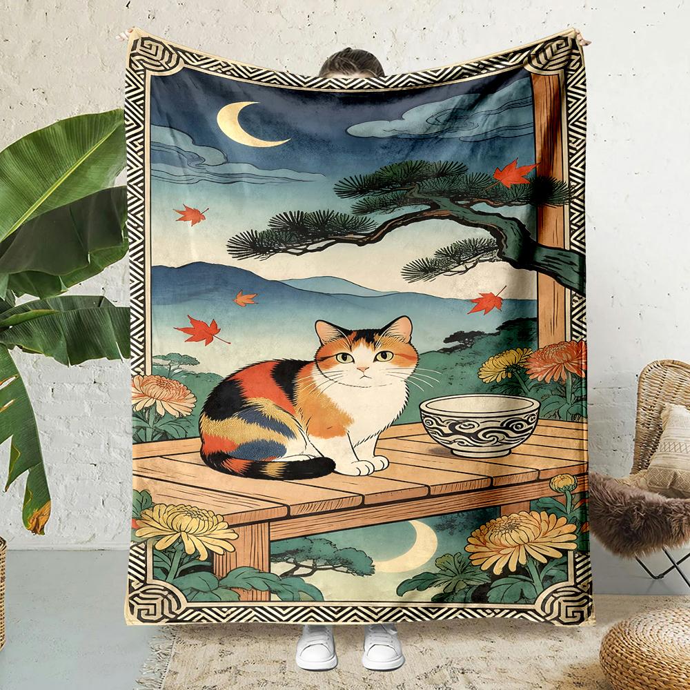 Japanese woodblock calico cat autumn night Print Blanket Warm Soft Fluffy Kids Adult Sofa Bed Throw Outdoor Travel Camping RV 75X95CM