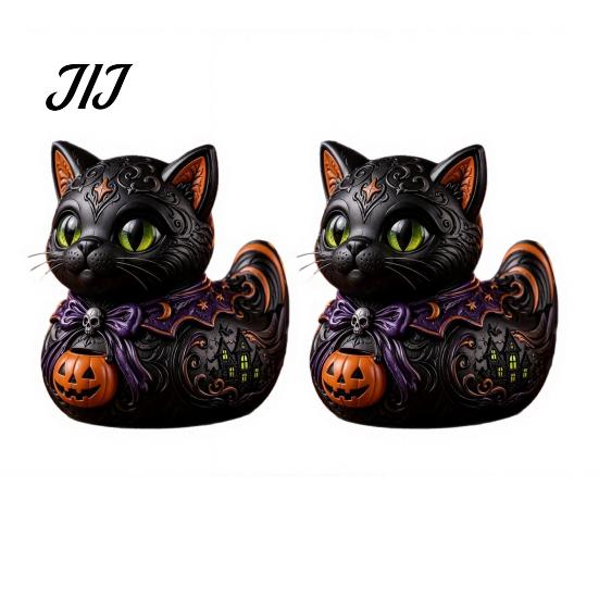 Halloween Duck Figurine Midnight Witches Cat Figurine, Spooky Black Statue Home Accents with Pumpkin Lantern, Decoration for Tabletop Office