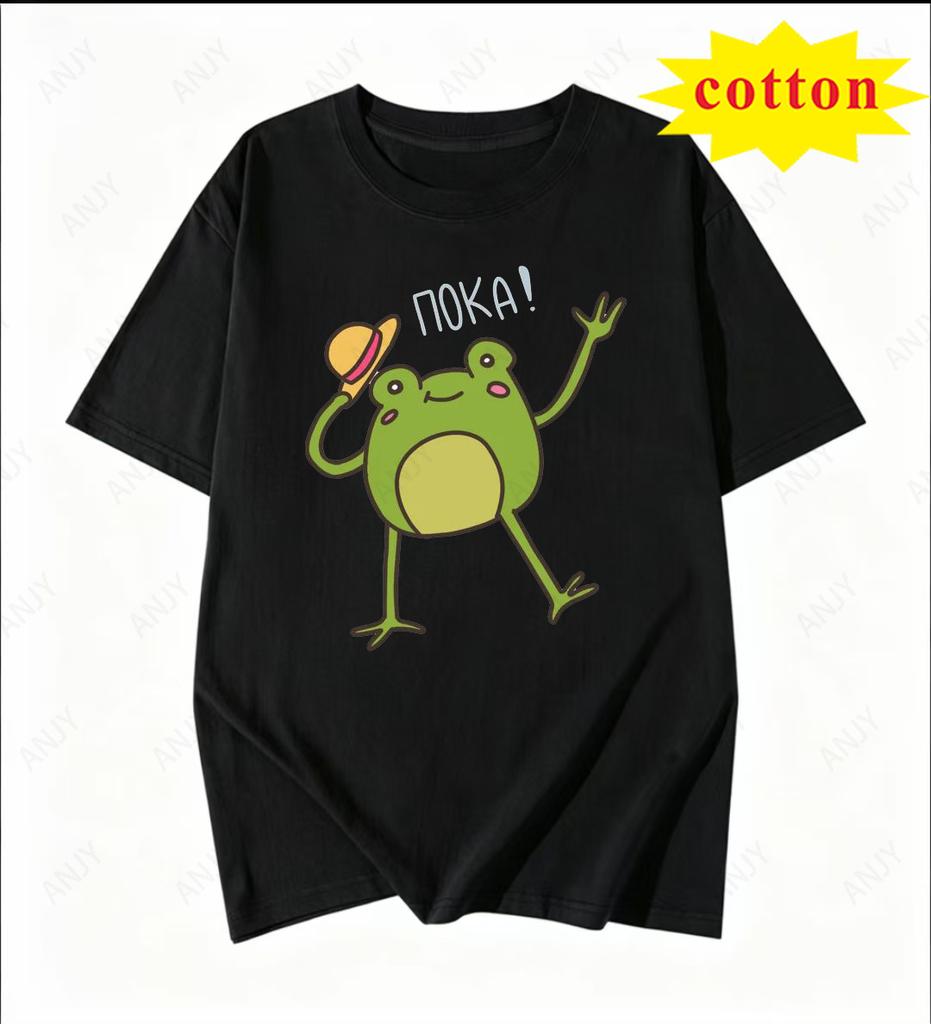 American Cartoon Tattered Frog Print Tshirt With Quirky Emotional Style Casual Short Sleeved Summer Top