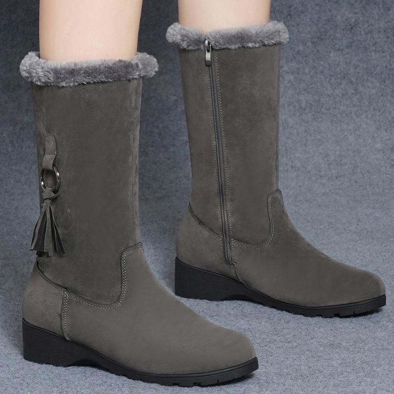 

Fashion Wedge Cotton Boots Winter New Round Toe Suede Metal Ring Side Zipper Platform Anti-Slip Wear-Resistant Tall Boots 35 серый