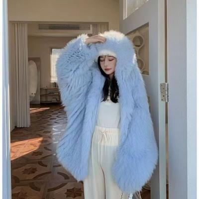 Lazy Wind Hooded Imitation Fox Hair New Long Hairy Coat Imitation Fur Plush Winter Light
