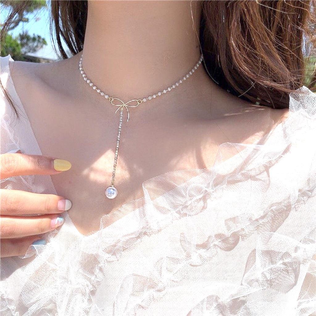 iF ME Elegante Perlenanhänger Halskette Schleife Kristall Gold Kette Halsband Schmuck Zubehör