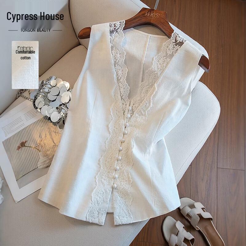 Women s Elegant Lace Splicing Ramie Vest M