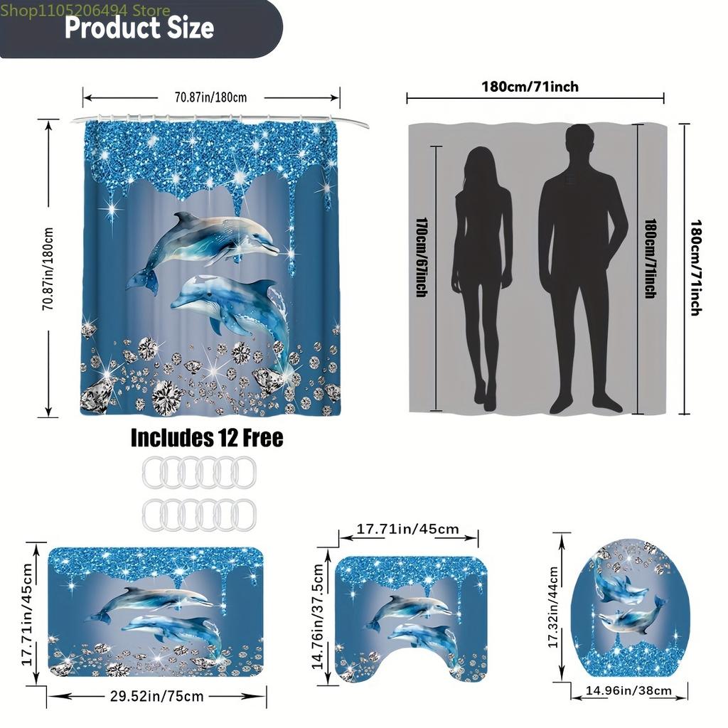1/3/4pcs Blue Diamond Dolphin Print Shower Curtain Set Non-Slip Toilet Lid U-Shaped Polyester Fabric Shower Curtain with 12 Ho