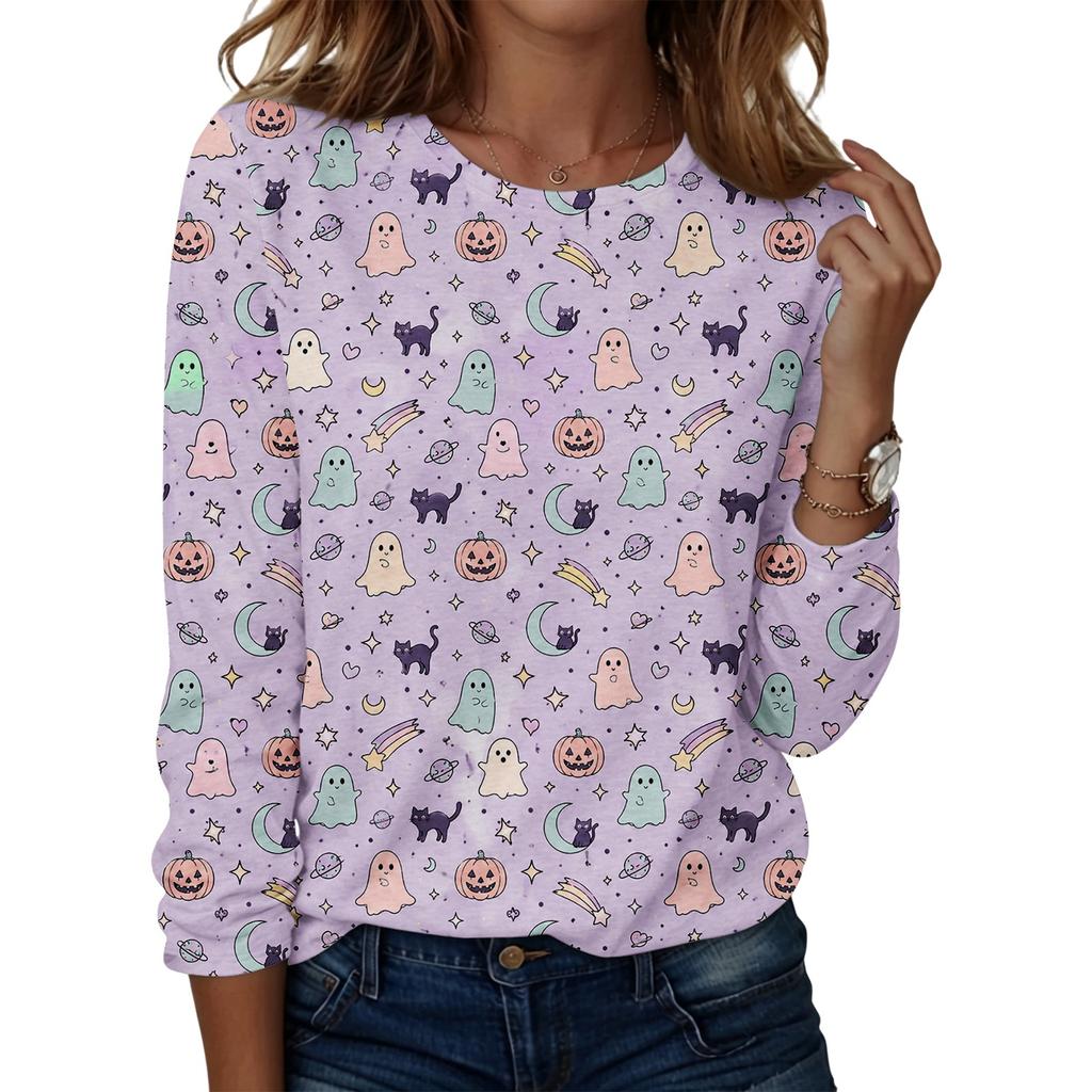 Women's Casual Long Sleeve Halloween Print Round Neck Top