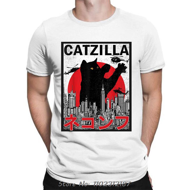 Funny Catzilla Japan Cat Kitten Lover Men T Shirt Male Casual Tees Summer Oversized Tshirt Harajuku Shirt Men Cotton T-shirt