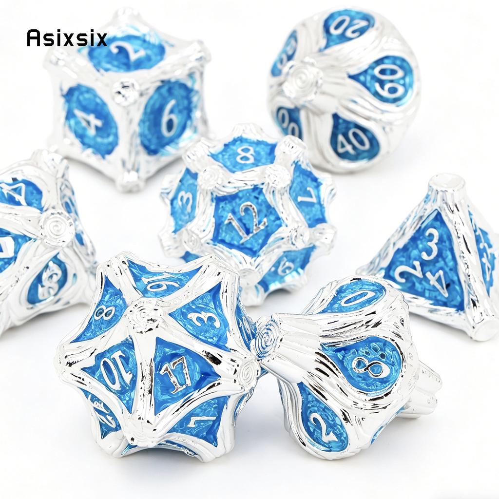 7 Pcs White Blue Tree Vine Metal Dice Solid Metal Polyhedral Dice Set Suitable for Role-Playing RPG Board Game Dice RPG