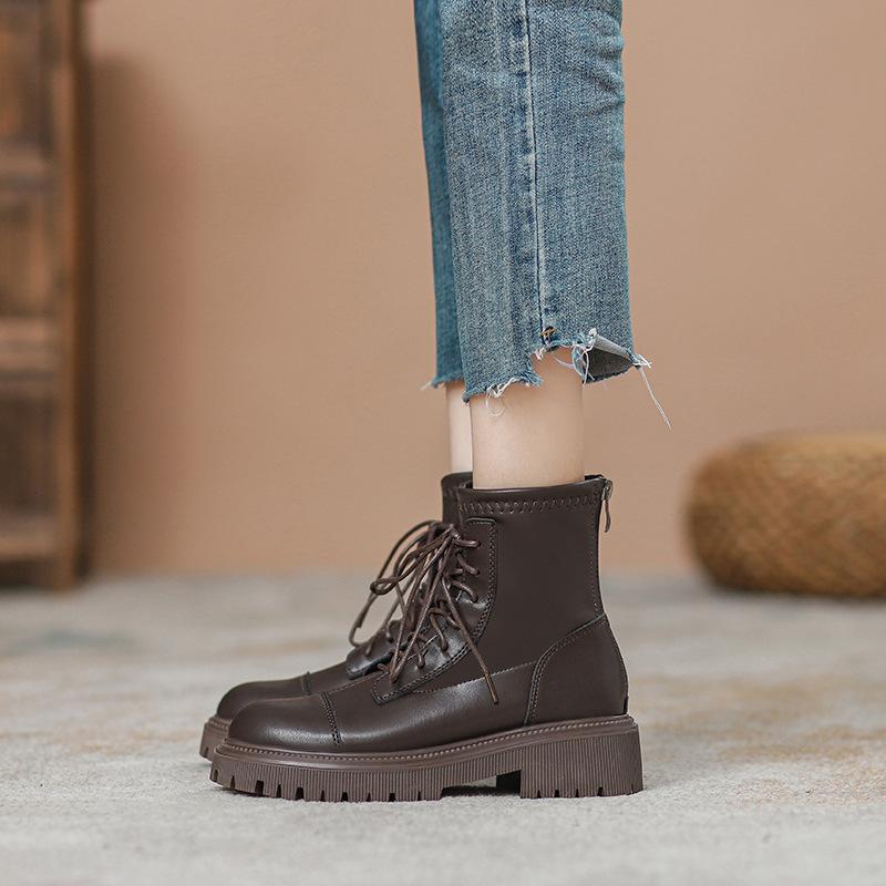 Martinky dámské podzimní malé na silné podrážce šněrovací zadní zip vnitřní zvýšení výšky britské krátké boty zvýšení výšky vysoký podpatek