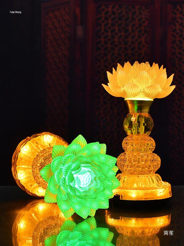 Lotus Guanyin Bodhisattva LED Offering Lamp with Heart Sutra