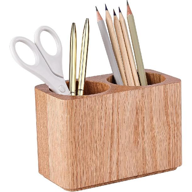 Oak Solid Wood Pen &Pencil Holder for Desk, Office Stationery Organizer, Table Pencil Cup Stand,Desk Accessories Holder, Two Cups Practical Design.