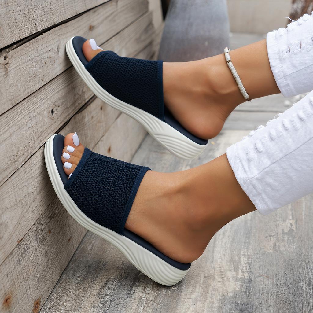 Flat Bottom Slippers Women Summer Round Head Mesh One Word Outer Wear Breathable Casual Sandal Slippers
