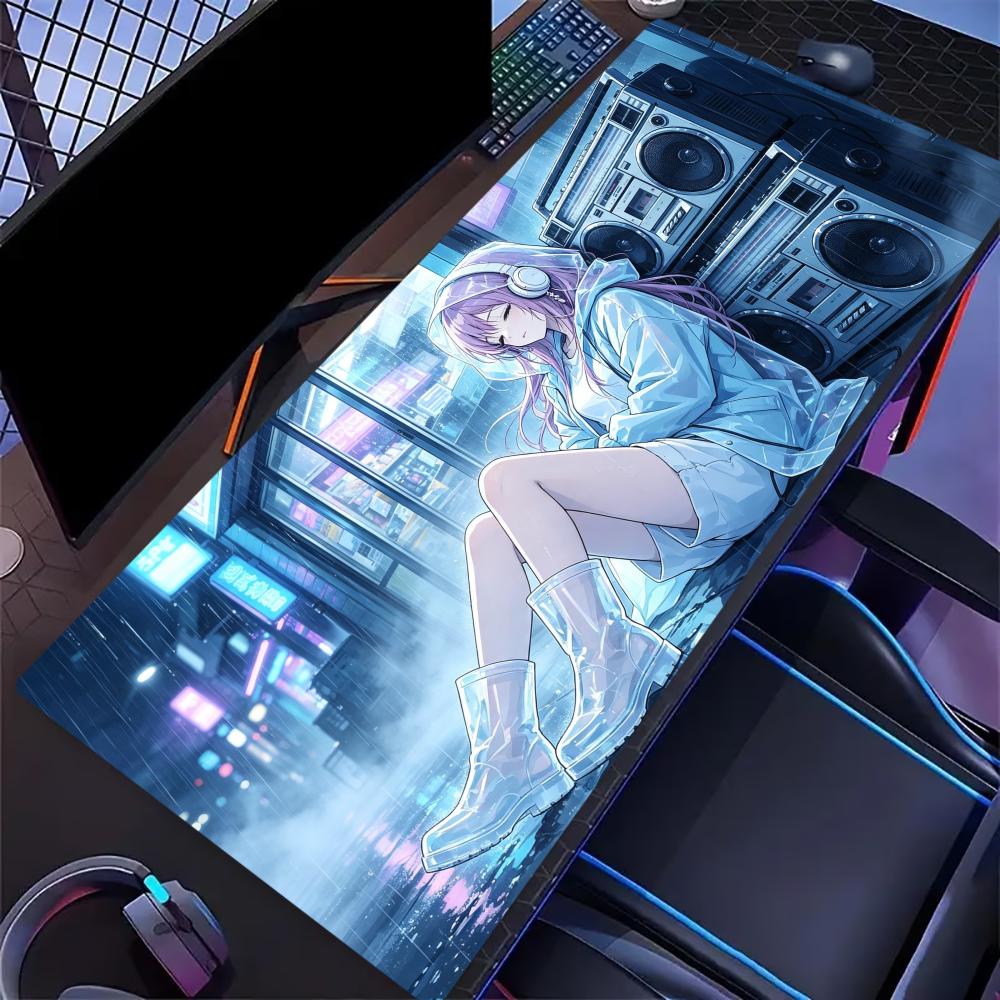 Anime Girl Tech City Extended Gaming Mousepad NonSlip Desk Surface Futuristic Neon Character Illustration Art Print For Desktop