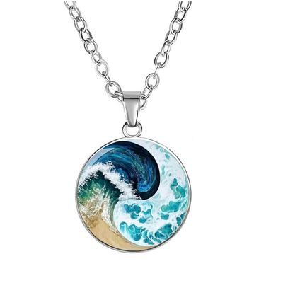 Fashion Round Blue Sea Wave Beach Glass Dome Pendant Necklace For Women Summer Ocean Jewelry