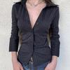 Slim Fit Slim Trendy V-neck Top Slim Black Striped Shirt for Women