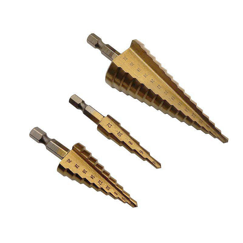 

3Pcs HSS Cone Titanium Coated Step Drill Bit Set Tools Krachtige 4-32mm 4-20mm 4-12mm Hole Cutter / Wood Case / Bag Packing