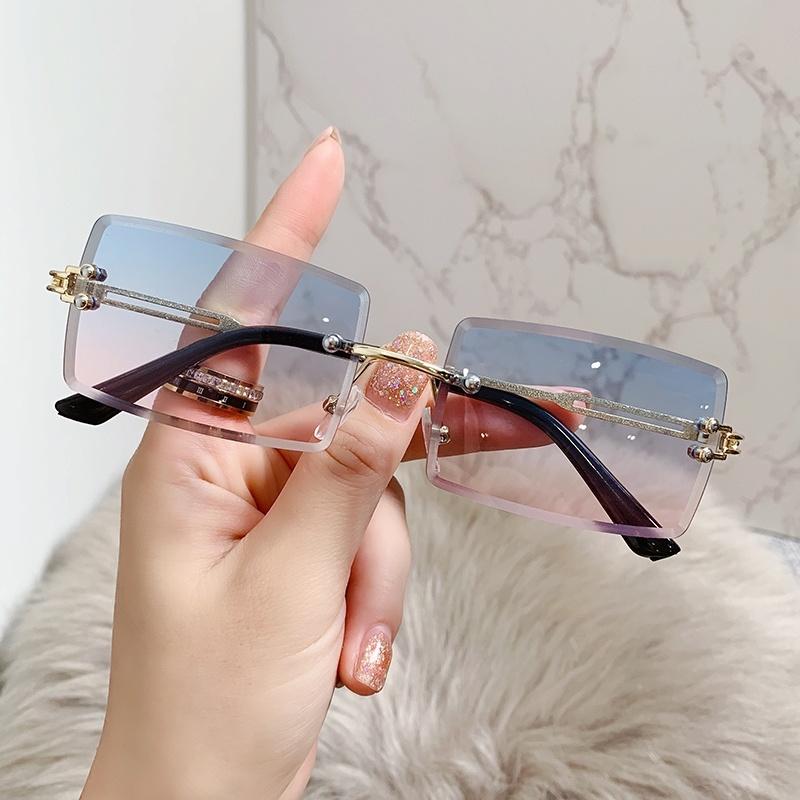Rimless Rectangle Vintage Sunglasses Woman Brand Pink Gradient Sun Glasses Female Cutting Lens Square Ladies