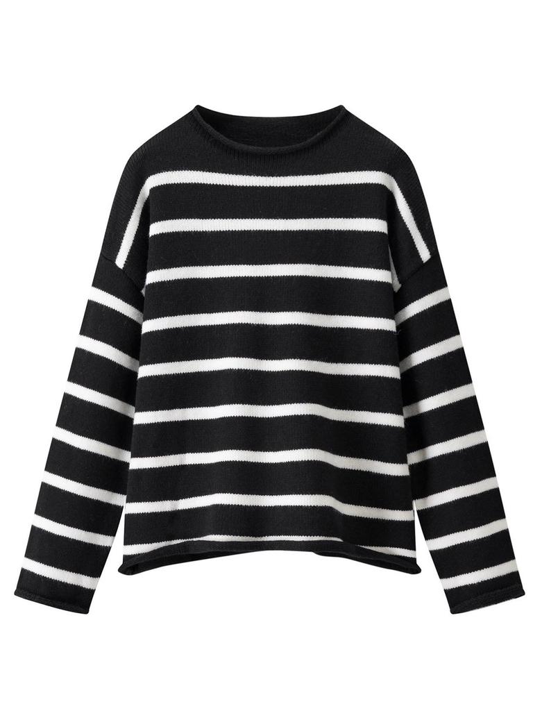 Autumn/Winter Retro Striped Round Neck Knit Pullover for Petite