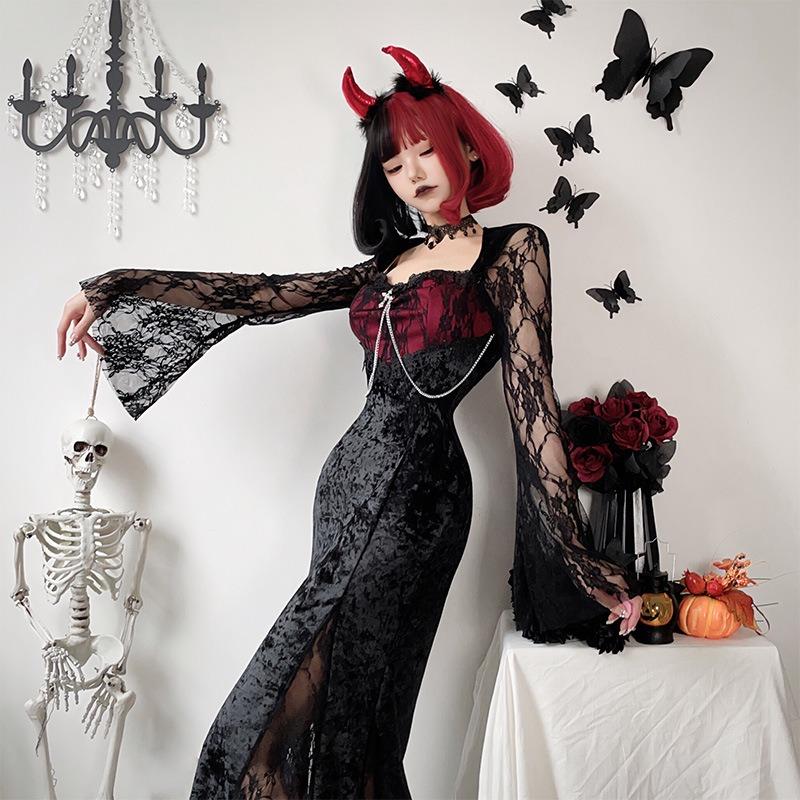 Dark goth halloween costume black dress witch long dress vampire bride outfit wind