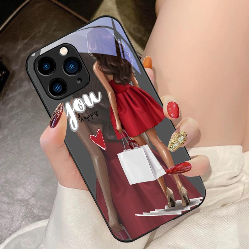 Shopping Cartoon Girl For IPhone 15 Pro 14 13 12 Mini 11 XS Max XR 7 8 Plu SE 2020 2022 Tempered Glass Phone Case