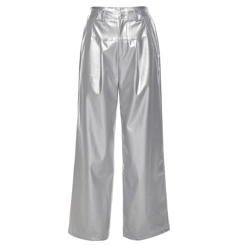 

# Sisjuly# Cool Sister Tuo Punk Stylish Silver Shiny Surface PU Leather Loose Drooping Women s Casual Pants Silver L