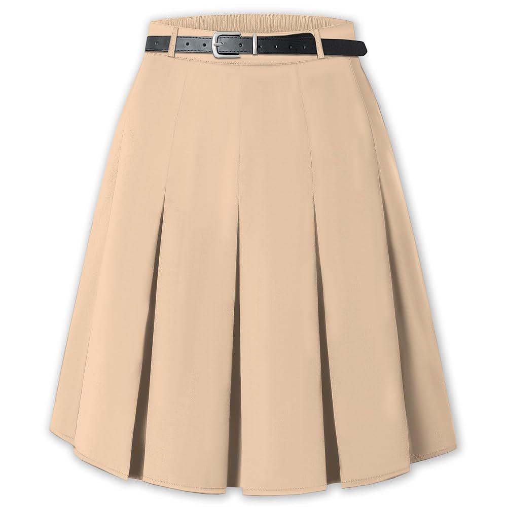 US Plus Size Women's Elegant Knee-Length Pleated Midi Skirt with Belt