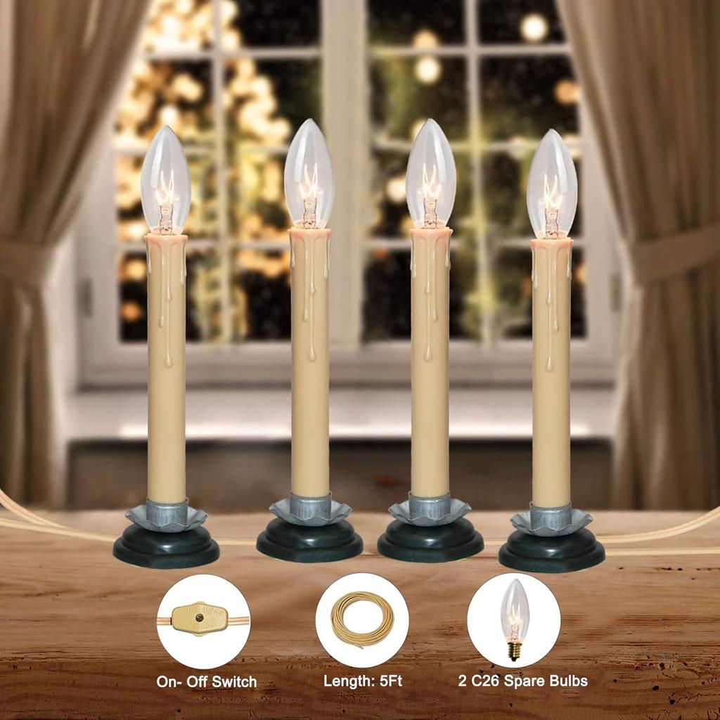 SUNSGNE Set of 4 Electric Window Candles, 7 Inch Plug in Window Candle Lamps with 7 Watt C26 Bulbs, Electric Candles with Black Wood Plum Iron Base,