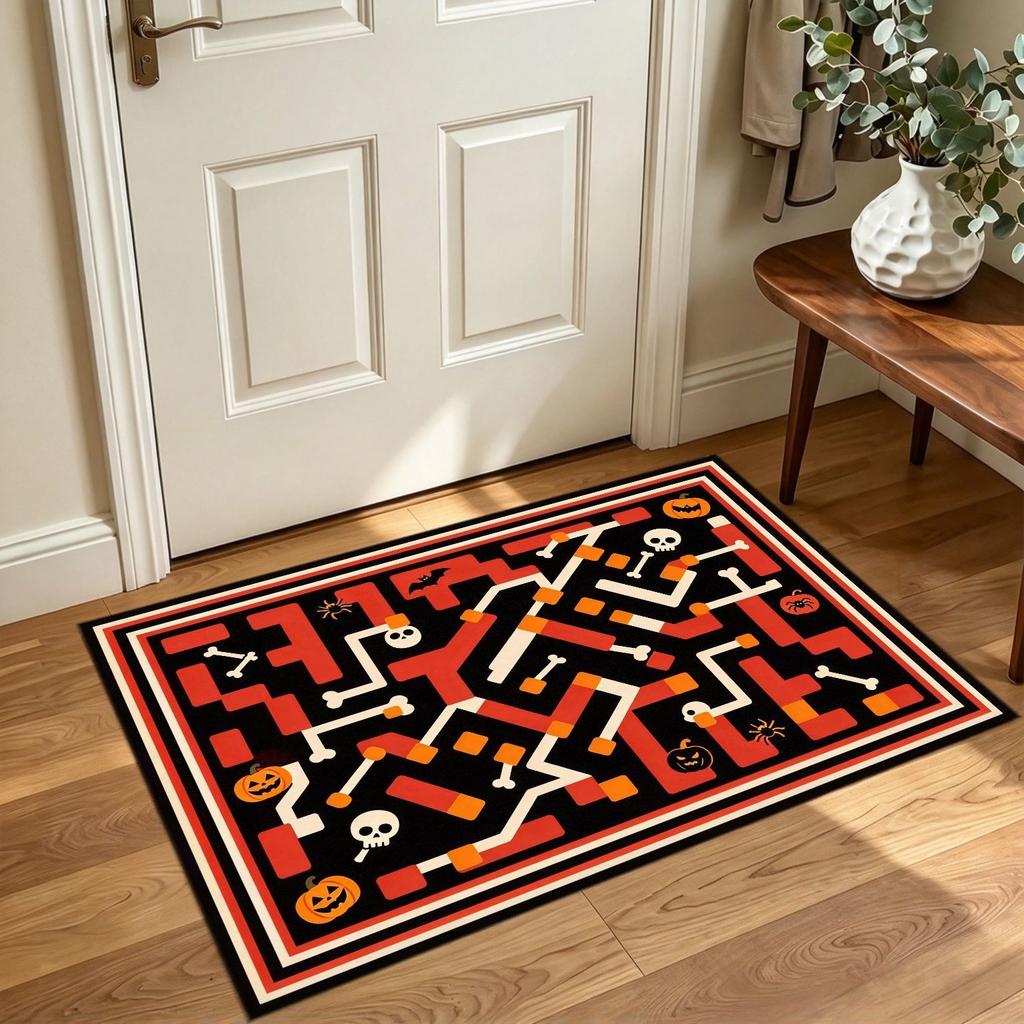 Skeleton Pumpkin Bat Pattern Entryway Rug Halloween Themed Indoor Floor Mat Decorative Doormat for Home Porch Living Room