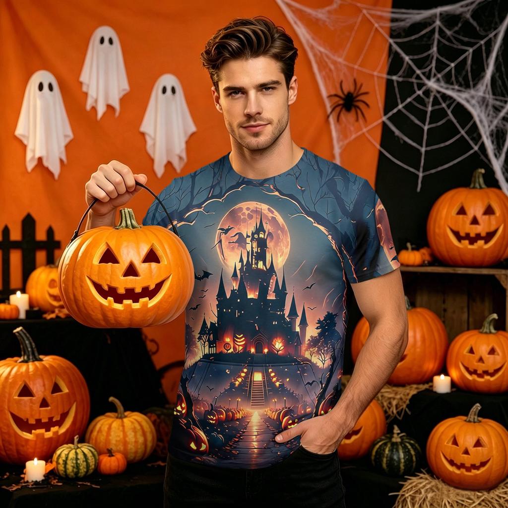 Men's Halloween Printed Neck Short Sleeve T-Shirt Fashion Top