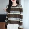 Autumn 2026 Women's Striped Wool Cardigan Sweater, Round Neck, Korean Style