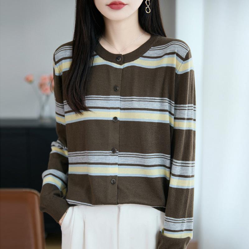 Autumn 2026 Women's Striped Wool Cardigan Sweater, Round Neck, Korean Style