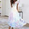Women's Long Casual Dress Summer Short-Sleeve V-Neck Waist Retraction Printed Dress