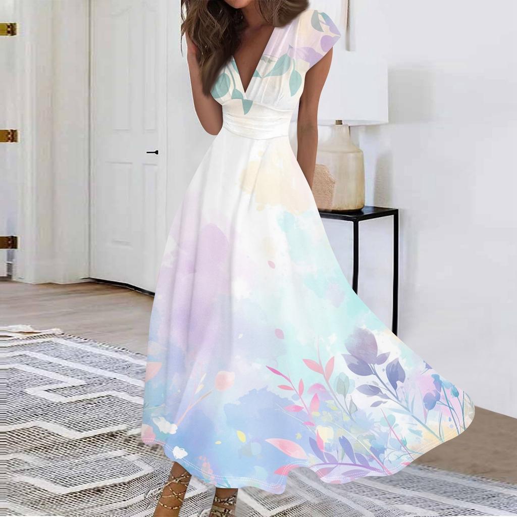 Women's Long Casual Dress Summer Short-Sleeve V-Neck Waist Retraction Printed Dress