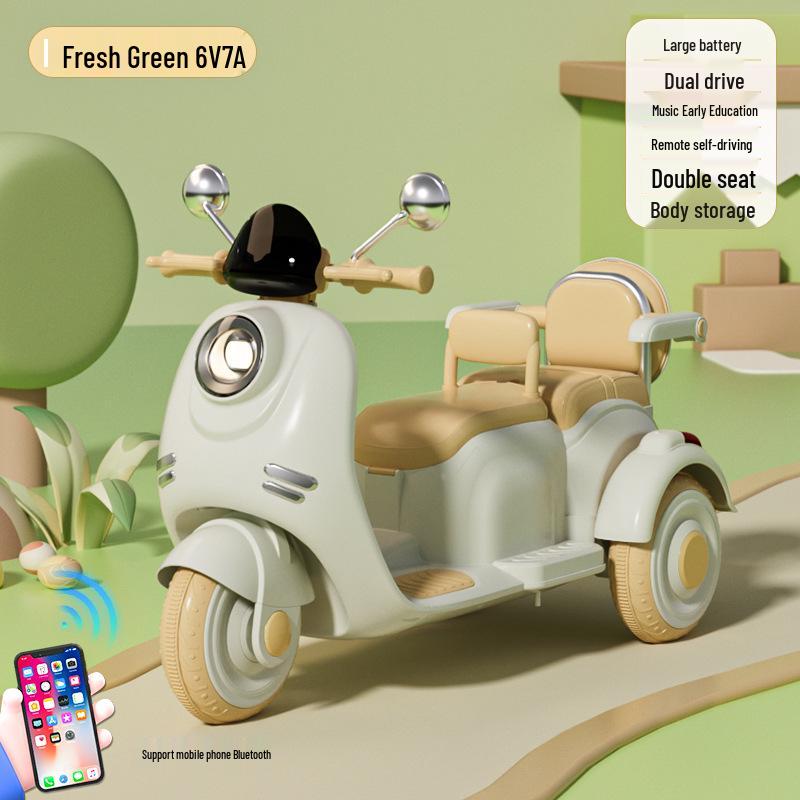 Retro Style Dual-Seat Motorcycle Tricycle for Children Aged 1+, Stable Electric Ride-On Toy