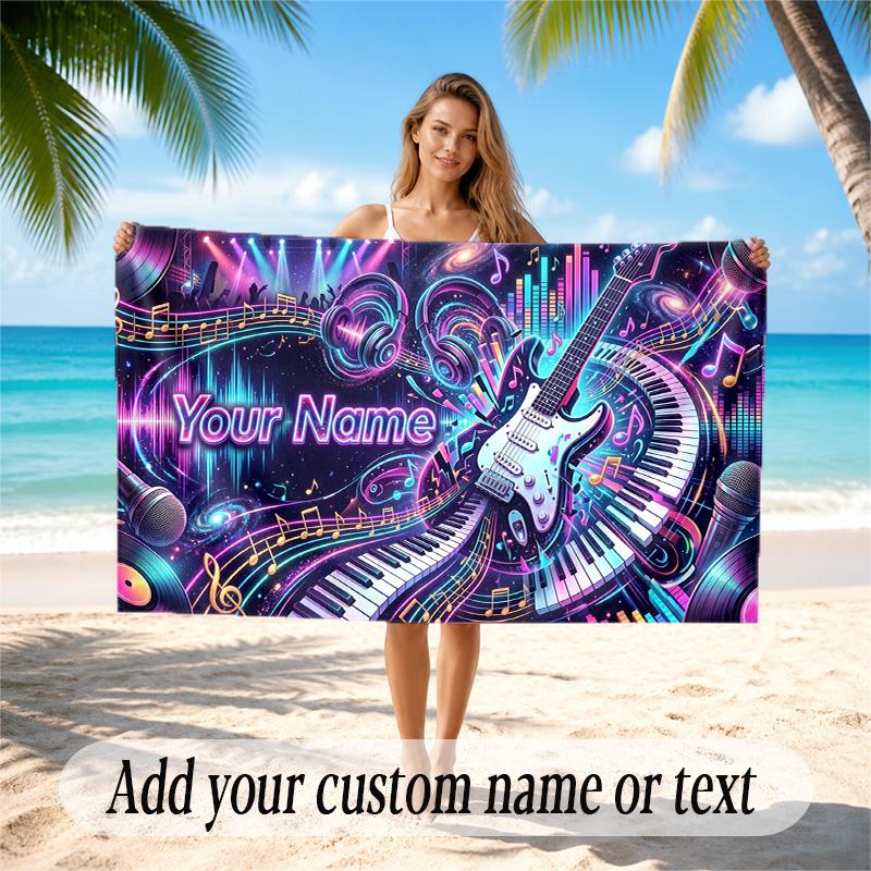 Music Theme Quick Dry Beach Towel Custom Name Text Print Large Sand Resistant Towel Beach Vacation