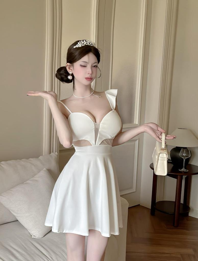 Sexy Low-Cut Spaghetti Strap Dress with Waist Cutout and Flared Mini Skirt - Nightclub Style