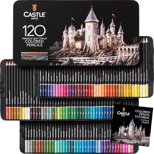 Castle Art Surprise 120-Colored Pencil Set | Soft-Core Colored Pencils for Adult Artists, Professionals, and Colorists | Protective Tin Case for Easy