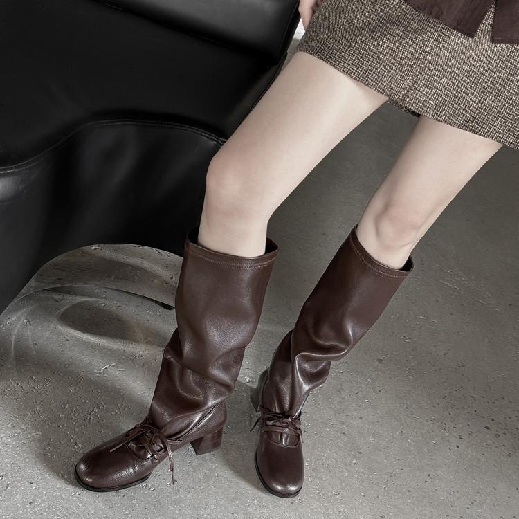 Skinny high-heeled boots 2025 autumn and winter new thick-heeled lace-up wrinkled stacked high boots female knight boots female