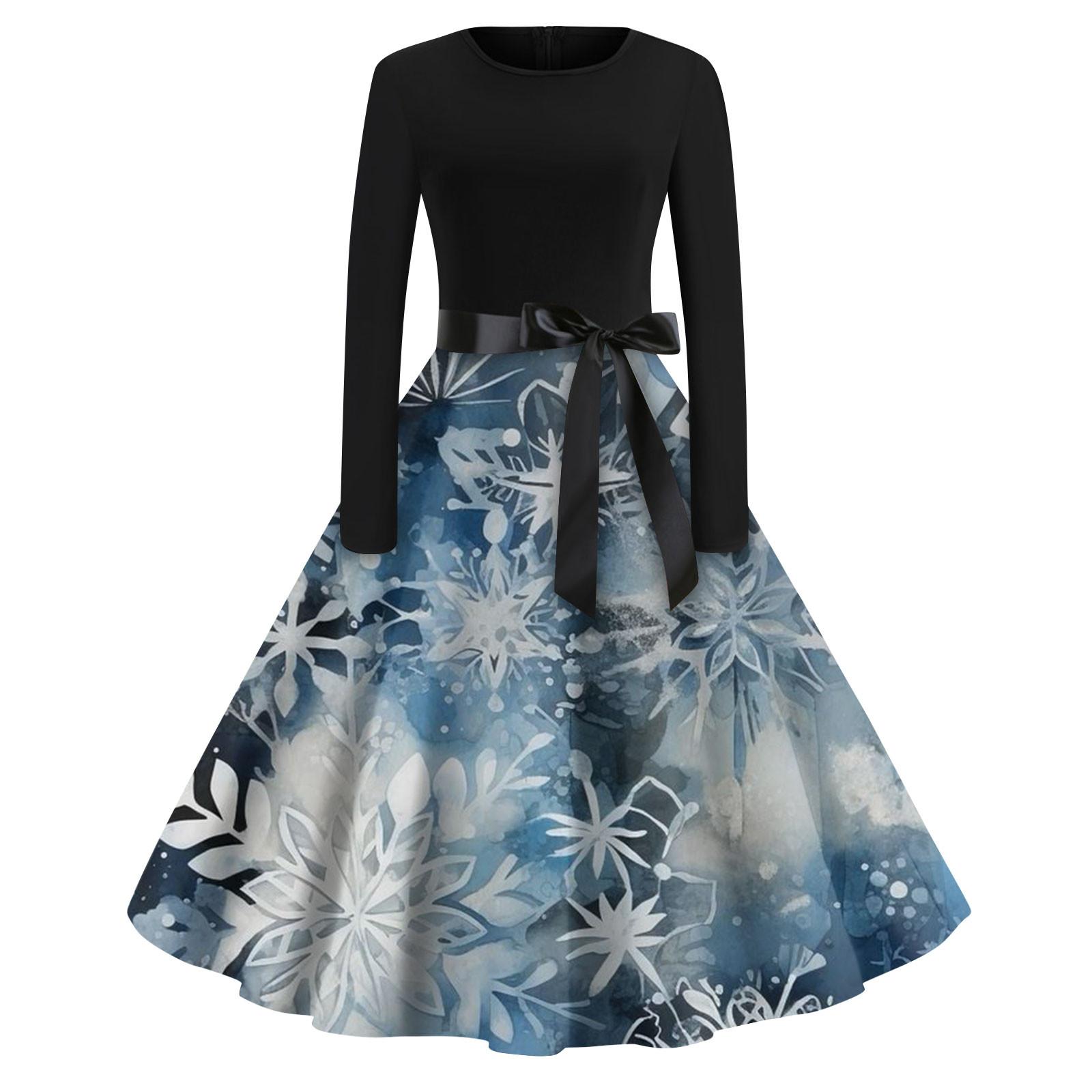 

Женская мода с круглым вырезом, повседневные тонкие рождественские платья с длинным рукавом и принтом S синий