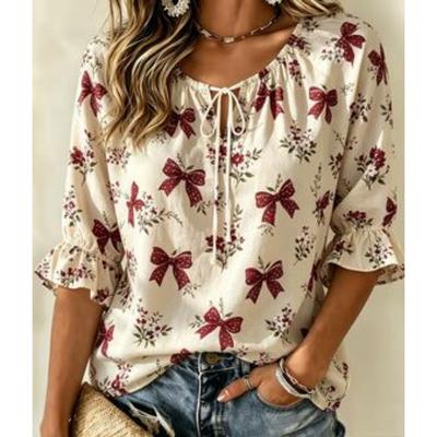 Women's Sweet Bow Print Tie Neck Blouse Ruffle 3/4 Sleeve Loose Fit Cute Daily Dating Holiday Shirt