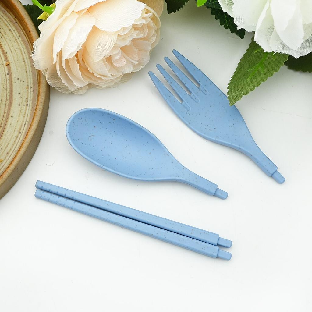 Set de tacâmuri portabile pentru copii, din paie de grâu, veselă pentru camping în aer liber, cu mini cutie, furculiță, lingură, betisoare, ustensile