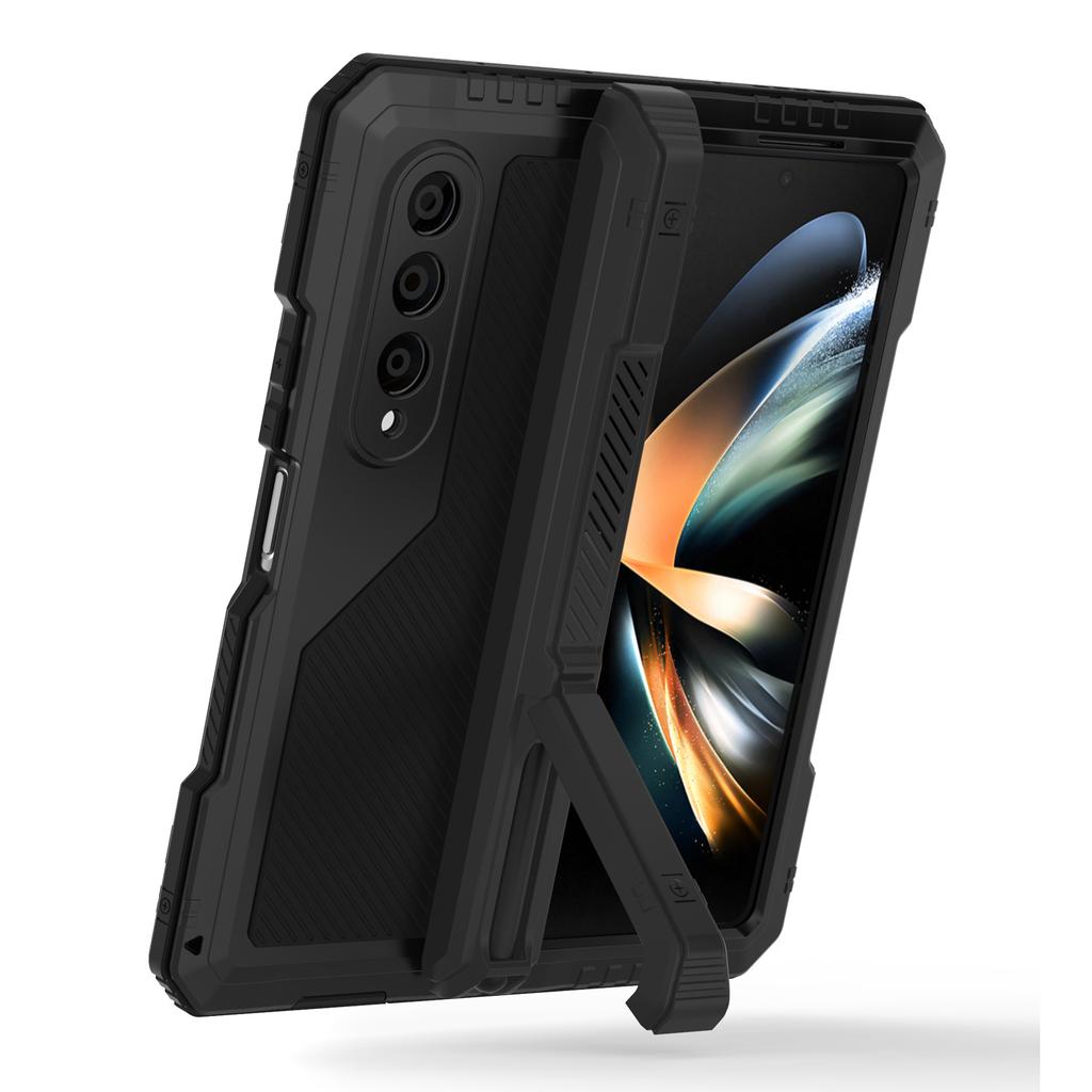 Custodia in Metallo con Cavalletto per Samsung Galaxy Z Fold 4, Cover Protettiva Ammortizzante in Alluminio a 3 Strati per Tutta la Superficie per Z Fold 4