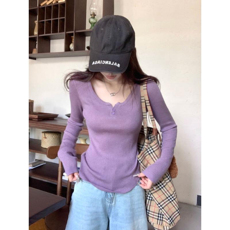Spring new pit strip thin button half open neck pure desire long sleeve Spice girl base with knitted top women