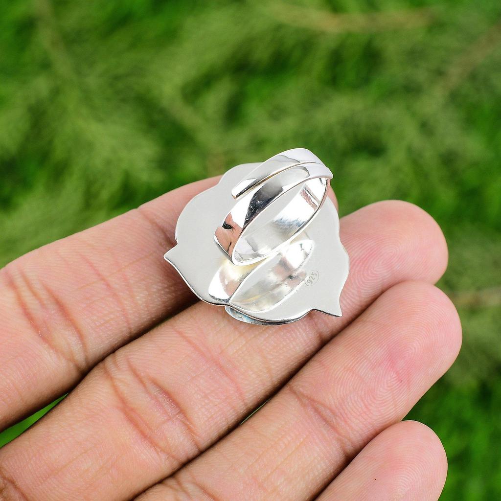 Gift For Her 925 Silver Natural Swiss Blue Topaz Promise Flower Adjustable Ring