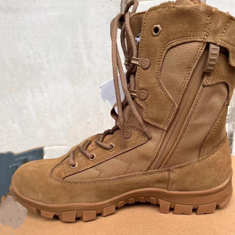 Men's Brown Winter Tactical Combat Boots - Breathable, Waterproof, Puncture-Proof, Side Zipper.