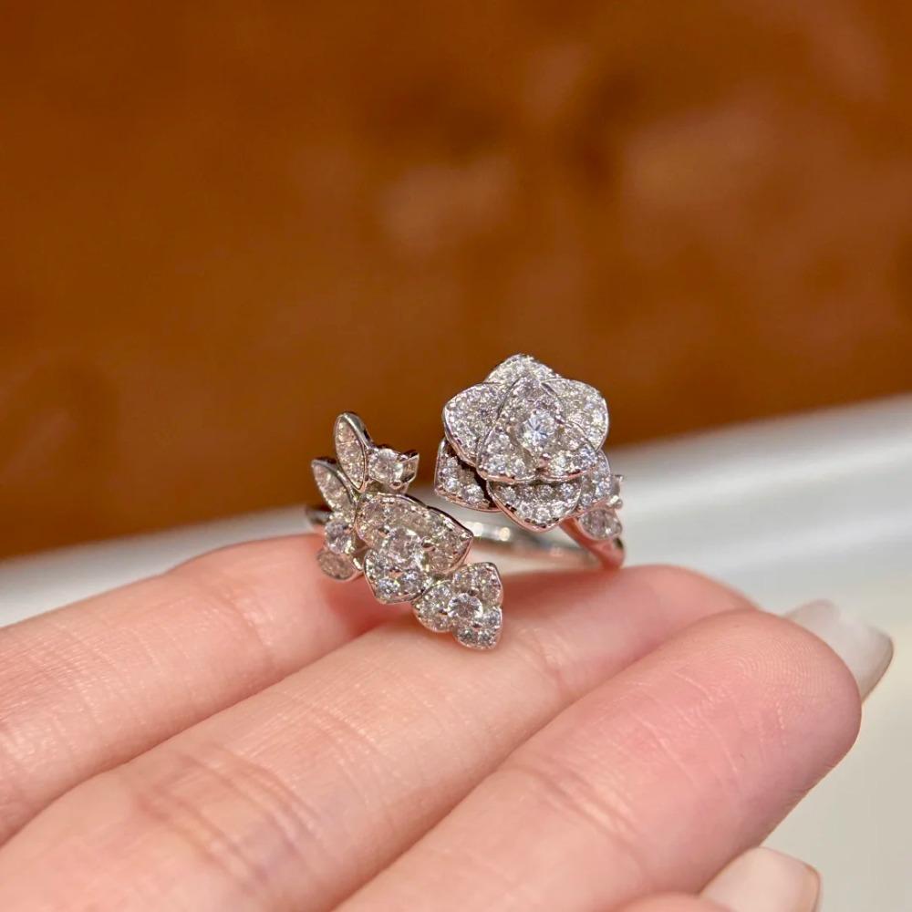 Open Ring Elegant Camellia Flower with Diamonds Luxury Rose Floral Ring for Women
