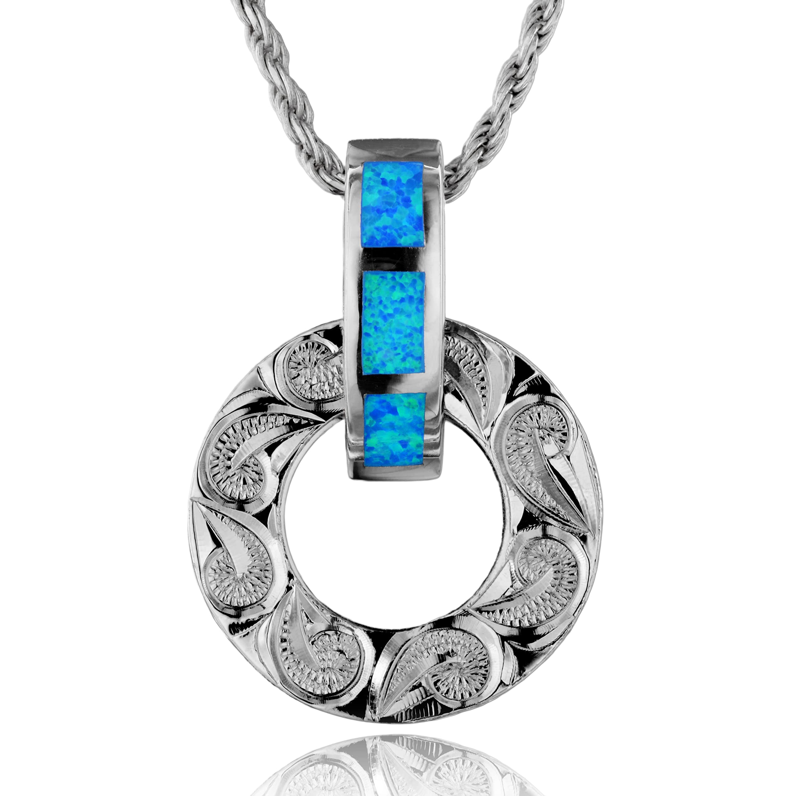 

Hawaiian Jewelry Circle Ring Scroll Engraved Blue Opal Pendant Necklace Silver 925 Rope Chain [Leilani] (Wave) Men s (With 60cm) синій