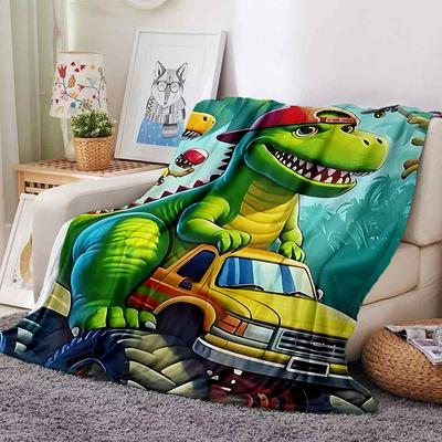 1pc Dinosaur Truck Blanket Lightweight Flannel Throw for Sofa Bed Travel Camping Livingroom Office Couch Chair