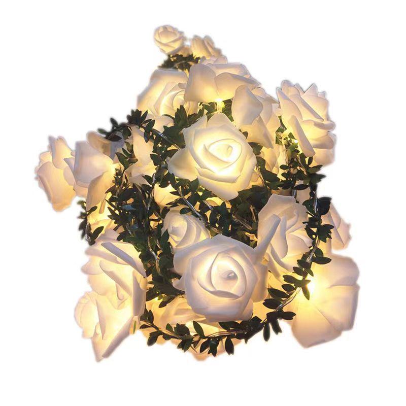 LED Solar Rose Flower String Lights with Green Leaf Vine for Romantic Indoor/Outdoor Decor
