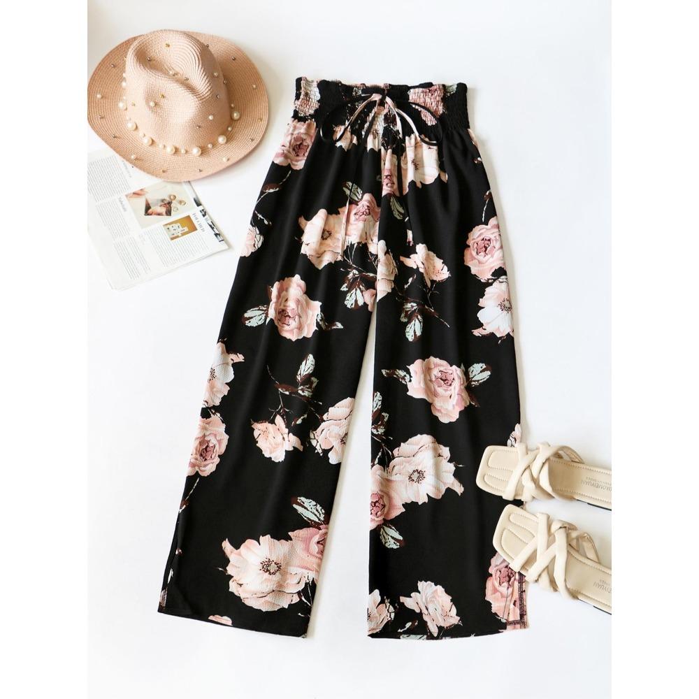 Plus Size Floral Print Bow Front Wide Leg Pants, Boho Shirred High Waist Trousers for Holiday Wear S