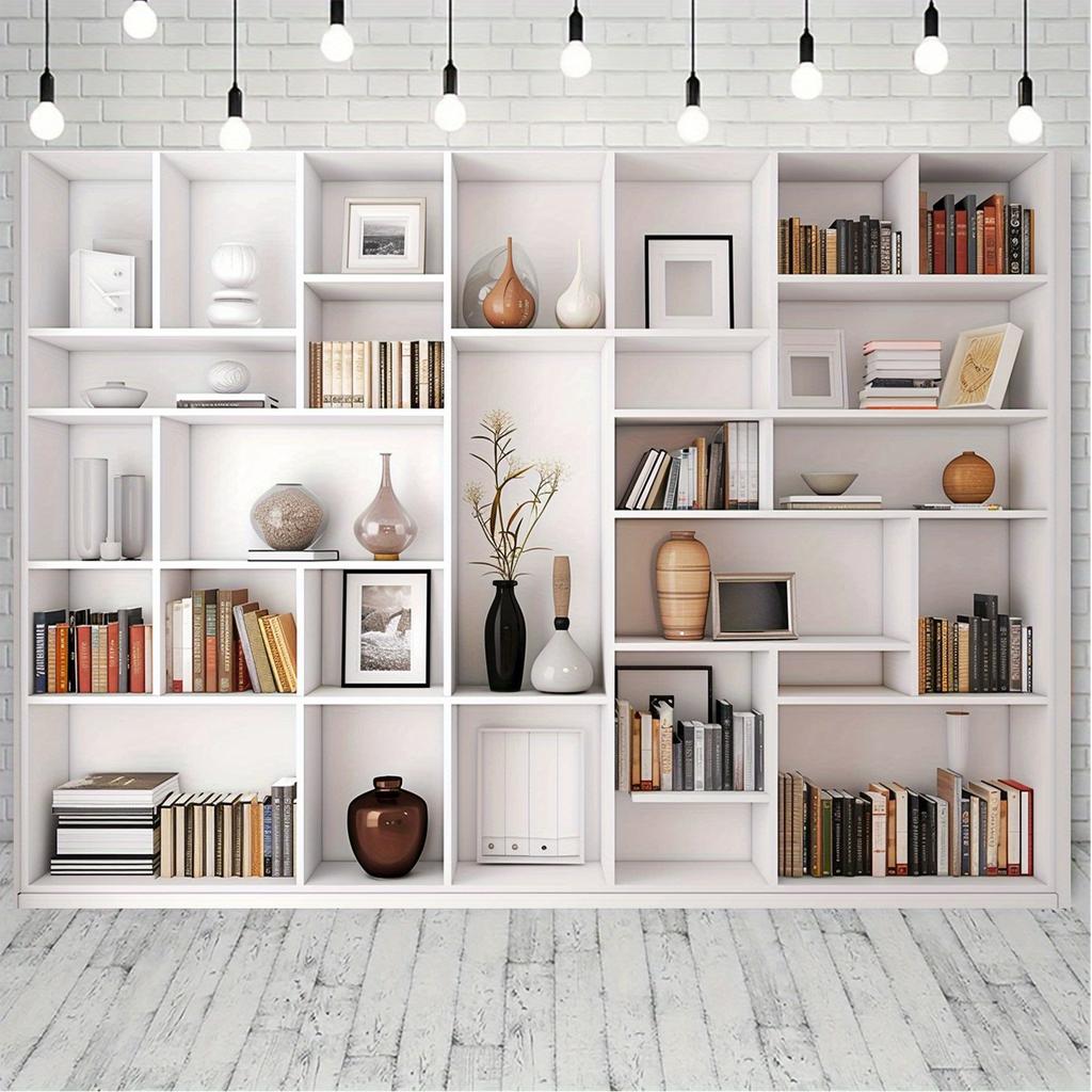 The multifunctional white bookshelf and office background are very suitable for video conferencing and home decoration
